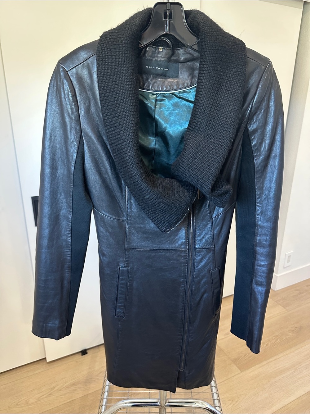 Elie Tahari Black Leather Coat with Knit Shawl Collar